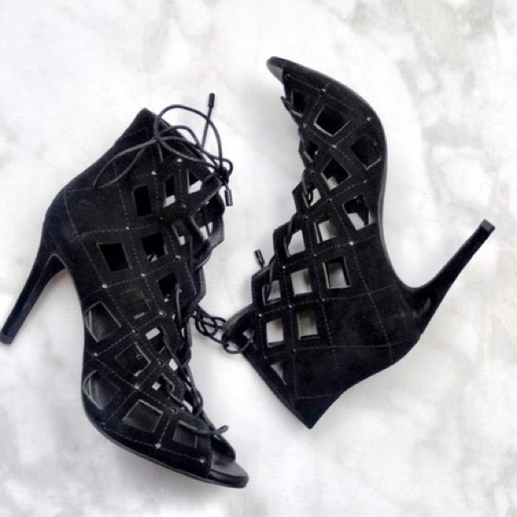 Joie Black Suede Studded Lattice Lace Up Sandals - Picture 1 of 6